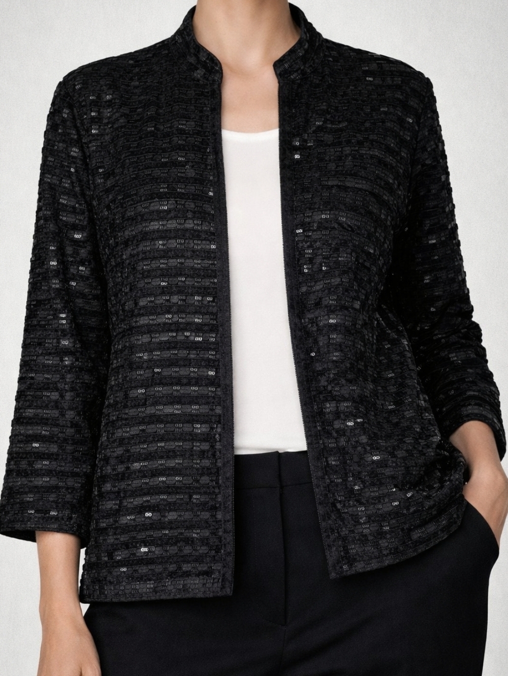 Chico’s Black Sequin Jacket Women Size 1 Open Front NWT